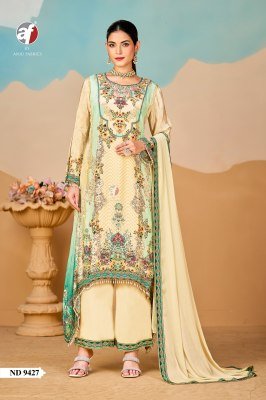 Anju Fabric D.No-ND 9427 Pure Crepe Viscose Silk Kurti Pant Dupatta Set with Heavy Handwork Lace Wholesale kurti pant with dupatta Catalogs