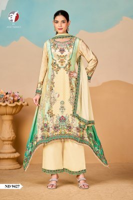 Anju Fabric D.No-ND 9427 Pure Crepe Viscose Silk Kurti Pant Dupatta Set with Heavy Handwork Lace Wholesale kurti pant with dupatta Catalogs