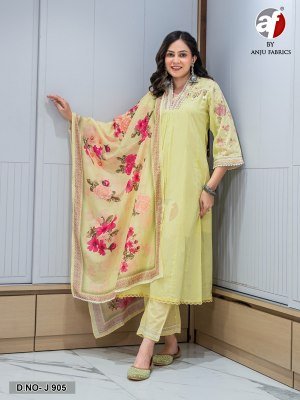  Anju Fabrics D.No. J 905 Elegant Anarkali Kurti Pant Set with Dupatta Mul Cotton, Jacquard Lining And Digital Lace Work Wholesale Anju Fabrics
