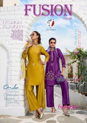 Anju Fabrics Fusion Vol 5 Designer Kurti with Palazzo And Chiffon Scarf  Viscose Nylon  Handwork Detailing Wholesale wholesale catalogs