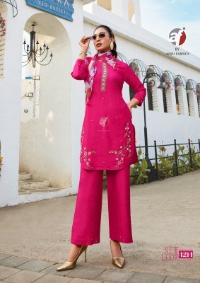 Anju Fabrics Fusion Vol 5 Designer Kurti with Palazzo And Chiffon Scarf  Viscose Nylon  Handwork Detailing Wholesale kurtis catalogs