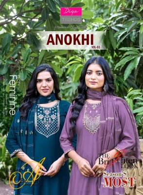 Anokhi vol 3 by Diya Trends Roman Silk Embroidered readymade suit catalogue at affordable rate wholesale catalogs