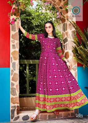 Aradhna Bandhani Vol 4 Rayon Printed Long Gown Kurti catalogue wholesaler exporter  kurtis catalogs