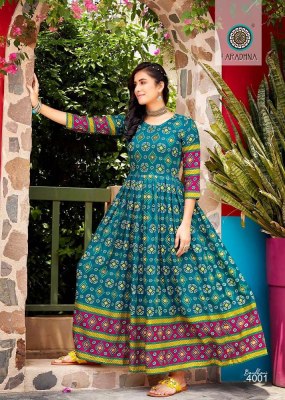 Aradhna Bandhani Vol 4 Rayon Printed Long Gown Kurti catalogue wholesaler exporter  kurtis catalogs