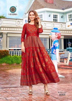 Aradhna riwaaz vol 6 rayon printed long gown stylish anarkali Kurti catalogue  kurtis catalogs