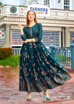 Aradhna riwaaz vol 6 rayon printed long gown stylish anarkali Kurti catalogue  kurtis catalogs