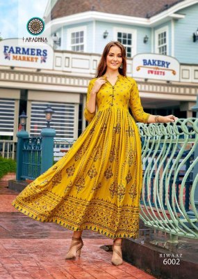 Aradhna riwaaz vol 6 rayon printed long gown stylish anarkali Kurti catalogue  kurtis catalogs