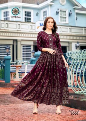 Aradhna riwaaz vol 6 rayon printed long gown stylish anarkali Kurti catalogue  kurtis catalogs