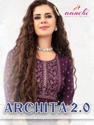 Archita 2 by Aanchi kurti foil printed embroidered kali kurti catalogue at affordable rate Aanchi 