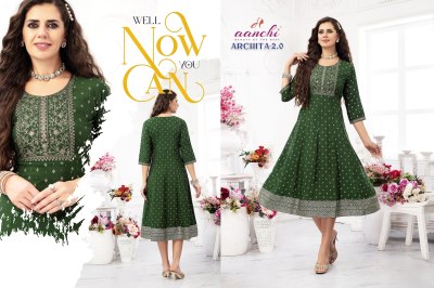 Archita 2 by Aanchi kurti foil printed embroidered kali kurti catalogue at affordable rate kurtis catalogs