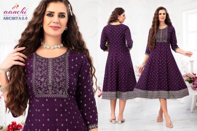 Archita 2 by Aanchi kurti foil printed embroidered kali kurti catalogue at affordable rate kurtis catalogs