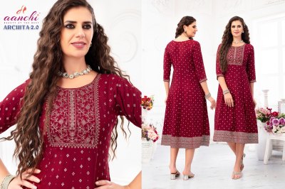 Archita 2 by Aanchi kurti foil printed embroidered kali kurti catalogue at affordable rate kurtis catalogs