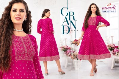 Archita 2 by Aanchi kurti foil printed embroidered kali kurti catalogue at affordable rate kurtis catalogs