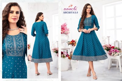 Archita 2 by Aanchi kurti foil printed embroidered kali kurti catalogue at affordable rate kurtis catalogs