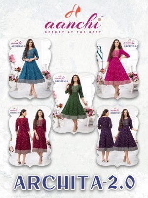 Archita 2 by Aanchi kurti foil printed embroidered kali kurti catalogue at affordable rate kurtis catalogs