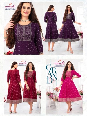 Archita 2 by Aanchi kurti foil printed embroidered kali kurti catalogue at affordable rate kurtis catalogs