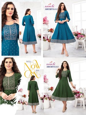 Archita 2 by Aanchi kurti foil printed embroidered kali kurti catalogue at affordable rate kurtis catalogs