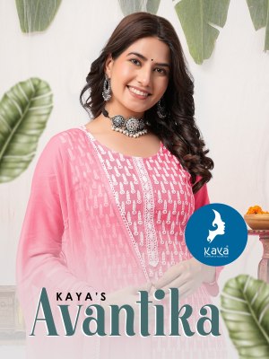 Avantika by Kaya reyon chikan work kurti pant and dupatta catalogue at low rate Kaya kurti