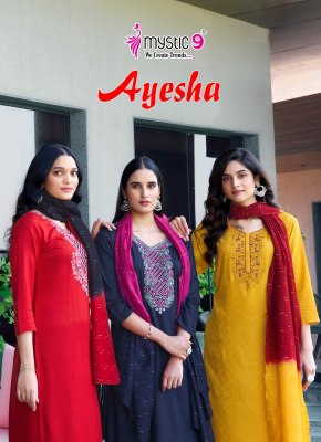Ayesha vol 1 by Mystic 9 Exclusive reyon embroidered kurti pant and dupatta catalogue in low rate Mystic 9