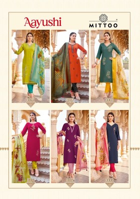 Ayushi by Mittoo Viscose thread Viscorse hand work top bottom and dupatta catalogue at low rate readymade suit catalogs