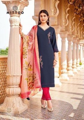 Ayushi by Mittoo Viscose thread Viscorse hand work top bottom and dupatta catalogue at low rate readymade suit catalogs