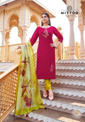 Ayushi by Mittoo Viscose thread Viscorse hand work top bottom and dupatta catalogue at low rate readymade suit catalogs
