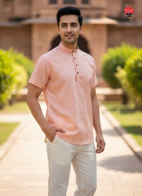 B Desi 2.0 Linen Cotton Short Kurta for Men Half Sleeve Jacquard Butta Kurta for Casual And Celebration Wear Wholesale Amavi
