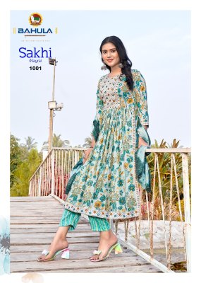 Bahula by Sakhi vol 1 readymade reyon printed nayra cut catalogue at affordable rate readymade suit catalogs