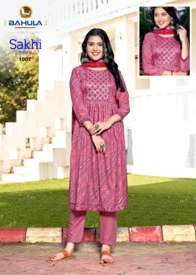 Bahula by Sakhi vol 1 readymade reyon printed nayra cut catalogue at affordable rate readymade suit catalogs