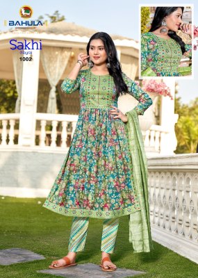 Bahula by Sakhi vol 1 readymade reyon printed nayra cut catalogue at affordable rate readymade suit catalogs