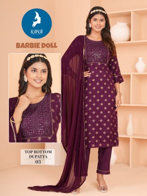 Barbie doll by Kaya reyon Straight cut kurti pant and dupatta catalogue at affordable rate readymade suit catalogs