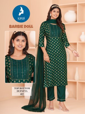 Barbie doll by Kaya reyon Straight cut kurti pant and dupatta catalogue at affordable rate readymade suit catalogs