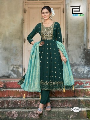 Batu caves by Blue hills Heavy chanderi foil printed fancy Anarkali suit wholesaler readymade suit catalogs