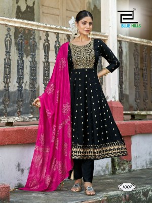 Batu caves by Blue hills Heavy chanderi foil printed fancy Anarkali suit wholesaler readymade suit catalogs