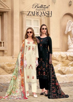 BelliZa Designer Studio Zarqash Vol 7 Unstitched Heavy Jam Top with Designer Embroidery And Daman Boring Work  Viscose Rayon Bottom And Scalloped Pure Karachi suits catalogs
