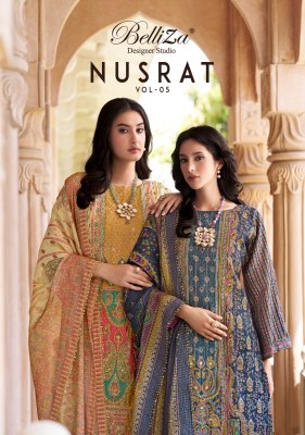 Belliza Nusrat Vol 5 Pure Modal Viscose Fabric Digital Print heavy handwork kurti pant And dupatta set Wholesale designer ethnic wear for women kurtis catalogs