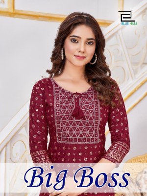 Big boss by blue hills reyon foil printed kurti with dori embroidered thread sequance work kurti catalogue Blue hills Kurti 