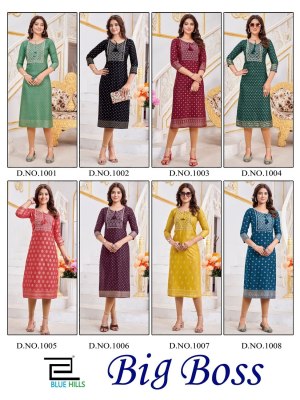 Big boss by blue hills reyon foil printed kurti with dori embroidered thread sequance work kurti catalogue kurtis catalogs