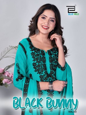 Black Bunny vol 3 by blue Hills reyon with work kurti pant and dupatta catalogue at affordable rate Blue hills Kurti 