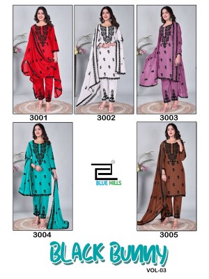 Black Bunny vol 3 by blue Hills reyon with work kurti pant and dupatta catalogue at affordable rate readymade suit catalogs