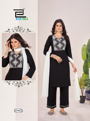 Black and white vol 14 by Blue hills reyon embroidered top pant with dupatta catalogue at affordable rate readymade suit catalogs