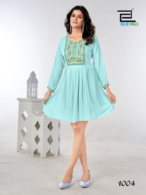 Bloom and Blue hills Reyon wrinkle Neck embroidered western wear catalogue at affordable rate  Blue hills Kurti 