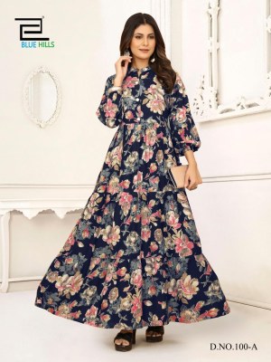 Blue Hills Ameesha Rayon Printed Long Gown stylish Kurti design wholesaler  Blue hills Kurti 