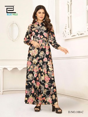 Blue Hills Ameesha Rayon Printed Long Gown stylish Kurti design wholesaler  kurtis catalogs