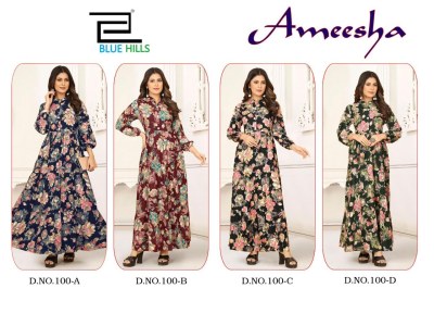 Blue Hills Ameesha Rayon Printed Long Gown stylish Kurti design wholesaler  kurtis catalogs