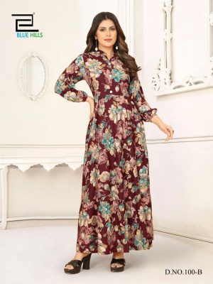 Blue Hills Ameesha Rayon Printed Long Gown stylish Kurti design wholesaler  kurtis catalogs