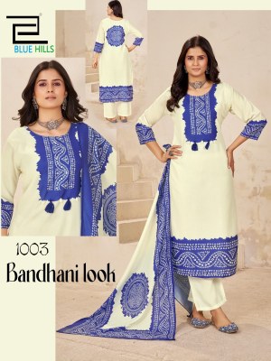 Blue Hills Bhandani Look Poly Muslin Digital Print kurti Pant And Dupatta  Mirror Handwork Wholesale  kurtis catalogs