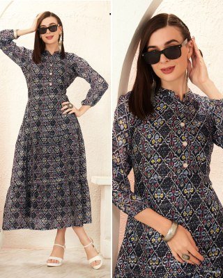 Blue Hills Blossom 2 0 Women s Long Kurti Catalogs Printed Gown in Heavy Georgette with Frill Pattern And Crepe Inner Wholesale Blue hills Kurti 