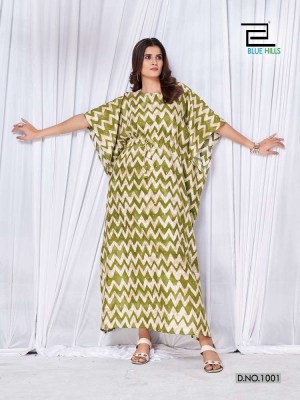 Blue Hills Glory  Rayon Printed Kaftan Kurti design wholesaler   kurtis catalogs