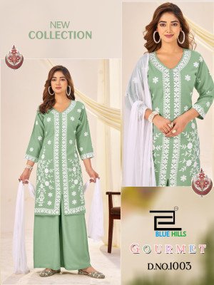 Blue Hills Gourmet White Thread Work Plazo Set with Naznin Dupatta And Wholesale kurtis catalogs